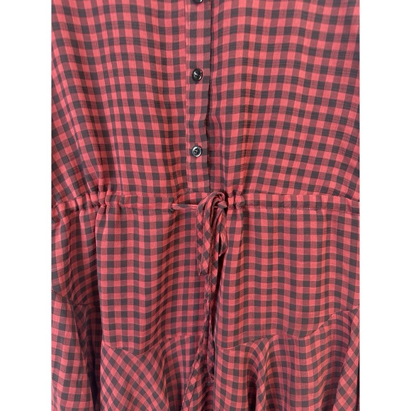 VICI Plaid Peplum Dress Red Black Check Small Sheer Balloon Sleeve Tie Front - Picture 2 of 11
